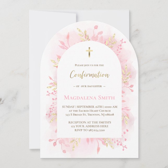 Invitation feuillage aquarelle rose Confirmation (Devant)