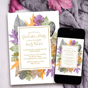 Invitation Feuillage Automne Feuilles Gold Script Graduation