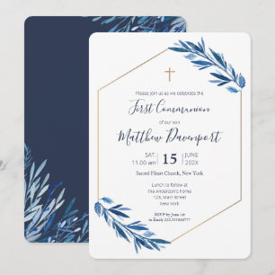 Invitation Feuillage bleu de la première communion