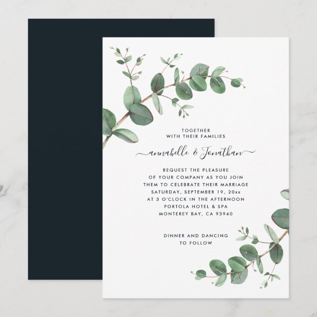 Invitation Feuillage botanique de l'Eucalyptus noir moderne (Devant / Derrière)