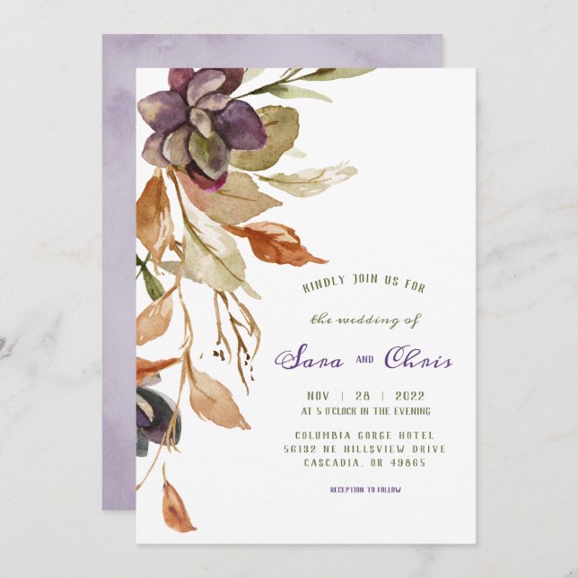 Invitation Feuillage d'automne et succulent | Aquarelle viole (Devant / Derrière)
