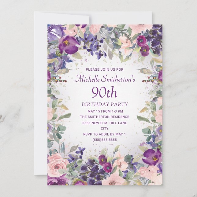 Invitation Feuillage de couleur rose pourpre 90e Anniversaire (Devant)