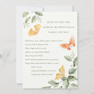 Invitation Feuillage de jardin jaune papillons pique-nique an