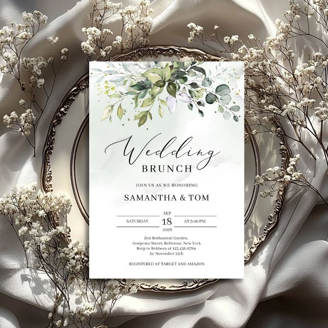 Invitation Feuillage de verdure eucalyptus boho mariage brunc (Greenery foliage leaves eucalyptus boho wedding invitation)