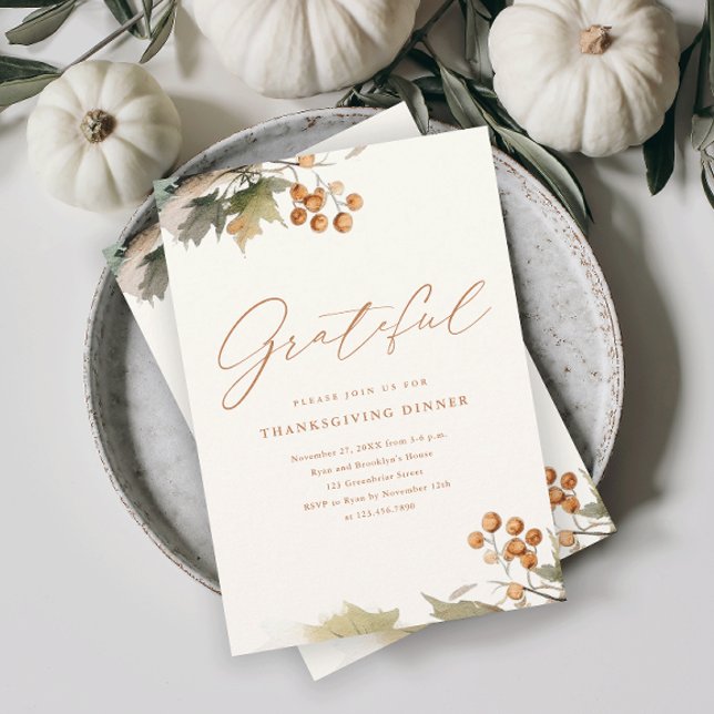 Invitation Feuillage de verdure rustique de dîner de Thanksgi (An elegant rustic thanksgiving dinner invitation with watercolor foliage and leaves.)