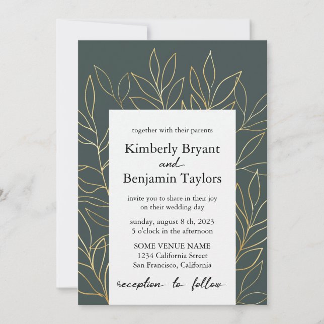 Invitation Feuillage d'or. Dusty Grey moderne Mariage de luxe (Devant)