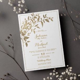 Invitation Feuillage d'or fleuri traditionnel blanc Mariage
