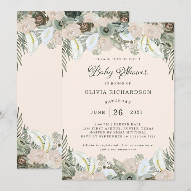 Invitation Feuillage et floral | Baby shower rose pâle (Devant / Derrière)
