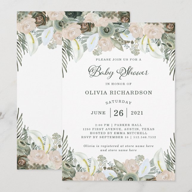 Invitation Feuillage et floral | Baby shower vert Sage (Devant / Derrière)