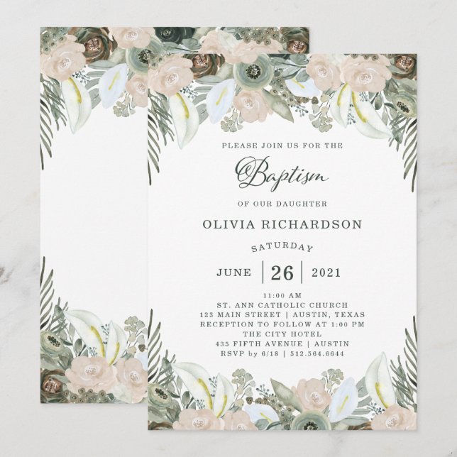 Invitation Feuillage et floral | Baptême vert Sage (Devant / Derrière)