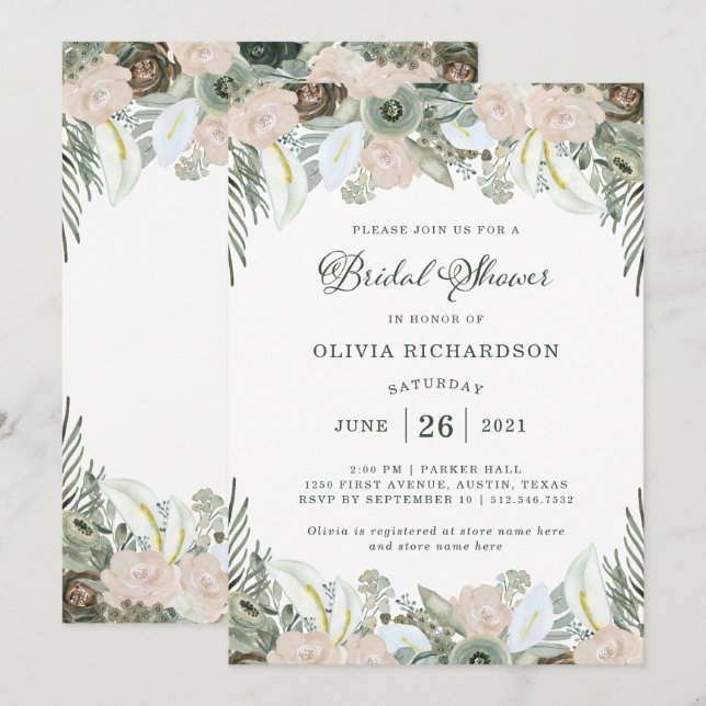 Invitation Feuillage et floral | Fête des mariées verte Sage (Devant / Derrière)