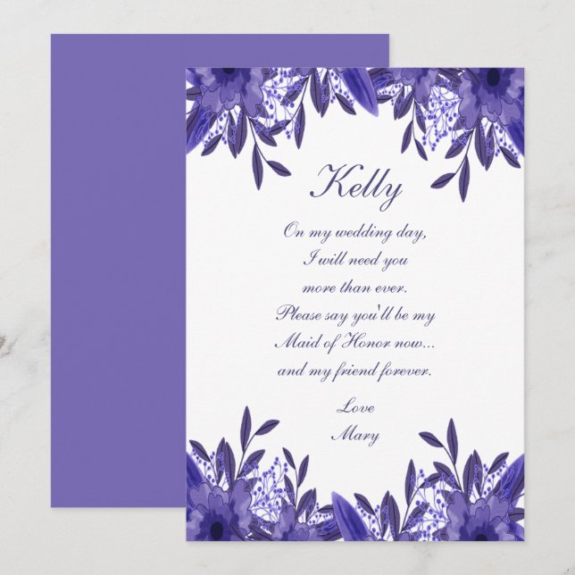 Invitation Feuillage Floral Bleu Violet Maid Of Honor Card (Devant / Derrière)