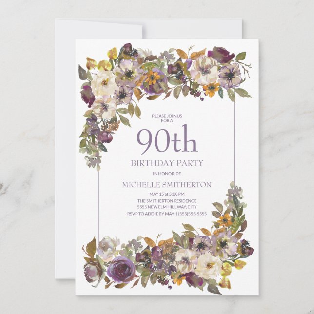 Invitation Feuillage floral d'ivoire jaune pourpre 90e annive (Devant)
