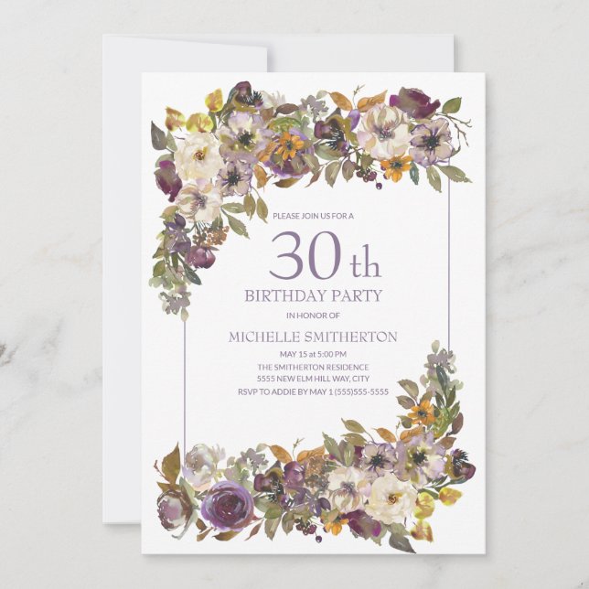 Invitation Feuillage floral d'ivoire jaune violet 30e anniver (Devant)
