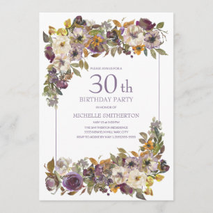 Invitation Feuillage floral d'ivoire jaune violet 30e anniver