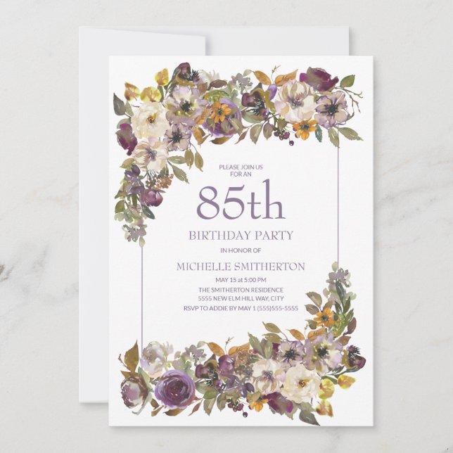 Invitation Feuillage floral d'ivoire jaune violet 85e anniver (Devant)