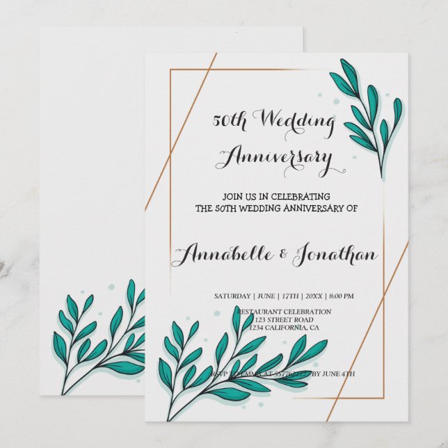 Invitation Feuillage floral or foil mariage anniversaire (Devant / Derrière)