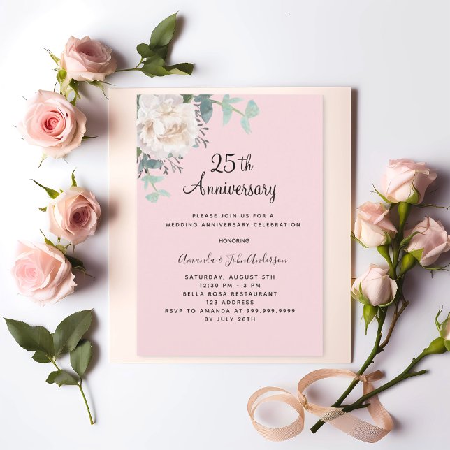 Invitation Feuillage floral rose 25e anniversaire de mariage (Créateur téléchargé)