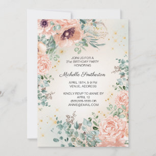 Invitation Feuillage floral rose pailleté or 21e anniversaire