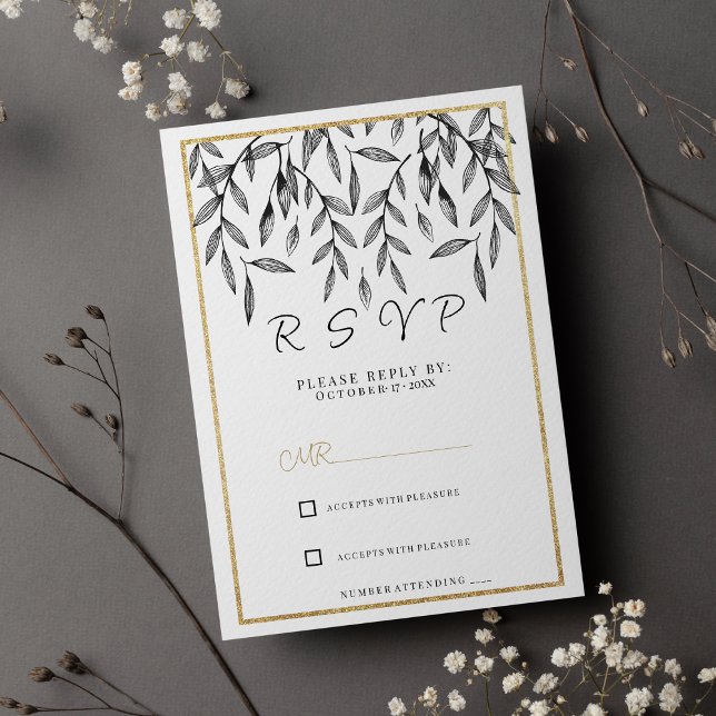 Invitation Feuillage floral simple en or noir blanc RSVP (Simple black white gold floral foliage RSVP)