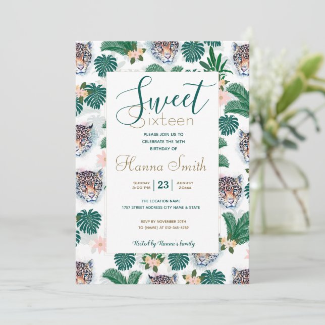Invitation Feuillage floral tropical blanc et visages léopard (Debout devant)