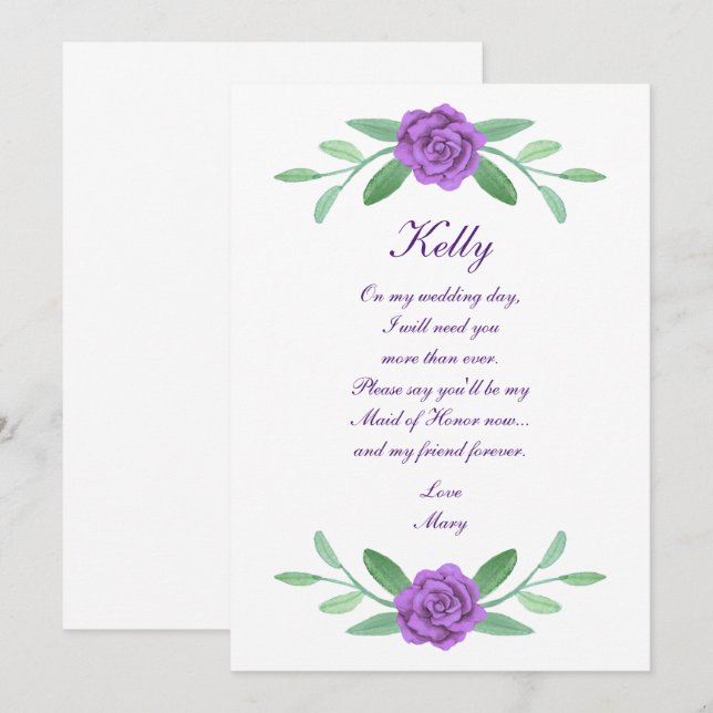 Invitation Feuillage Floral Violet Foliage Maid Of Honor Card (Devant / Derrière)