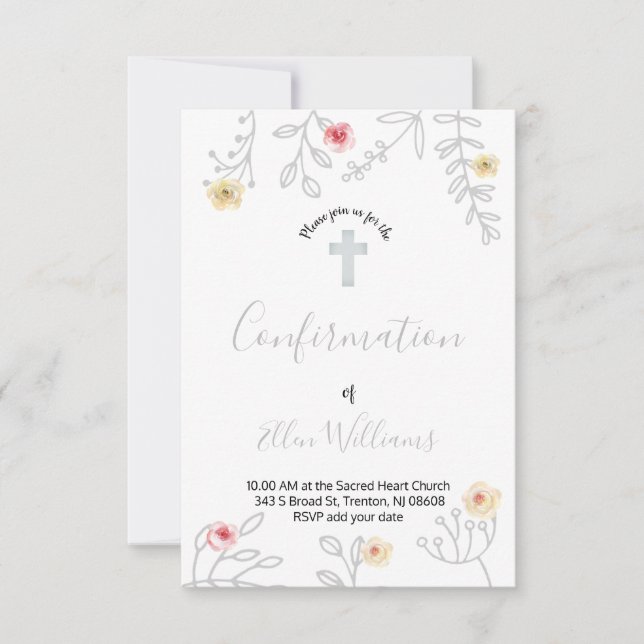 Invitation feuillage gris et rose Confirmation (Devant)