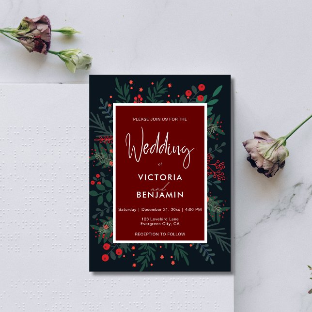 Invitation Feuillage rouge et vert Élégant Mariage de Noël (Red and Green Foliage Elegant Christmas Wedding Invitation)