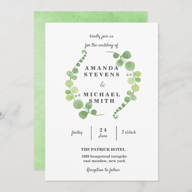 Invitation Feuillage verdoyant Mariage vert Aquarelle (Devant / Derrière)