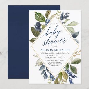 Invitation Feuillage vert bleu garçon baby shower géométrique