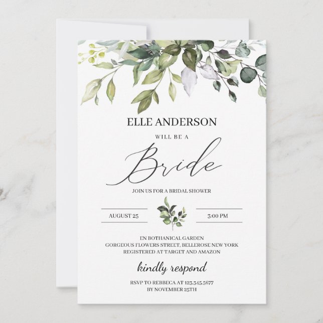 Invitation Feuillage vert boho douche nuptiale moderne (Devant)