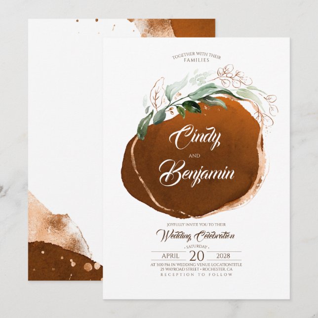 Invitation Feuillage vert et huile de cuivre Mariage moderne (Devant / Derrière)