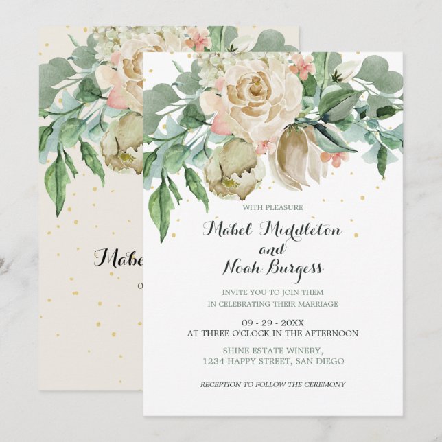 Invitation Feuillage vert floral Neutre Couleur Élégant Rose (Devant / Derrière)