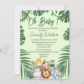 Invitation Feuillage vert jungle Animaux sauvages mignons Inv