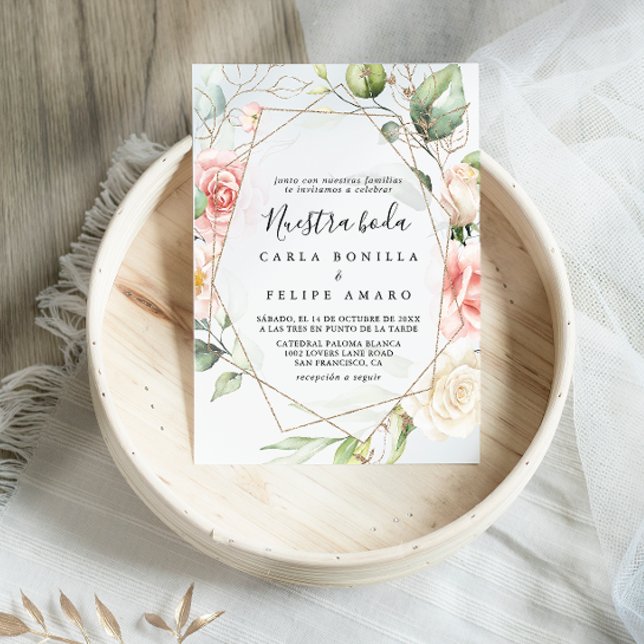 Invitation Feuillage vert or géométrique Nuestra Boda Mariage (Créateur téléchargé)