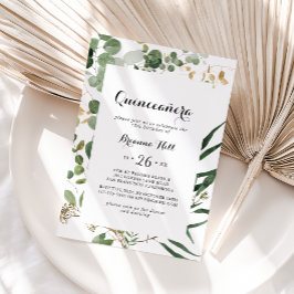 Invitation Feuillage vert or géométrique Quinceañera