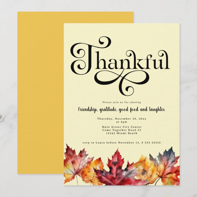 Invitation Feuille aquarelle de script reconnaissant Jaune Mo (Devant / Derrière)