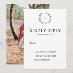 Invitation Feuille aquarelle monogramme photo mariage RSVP