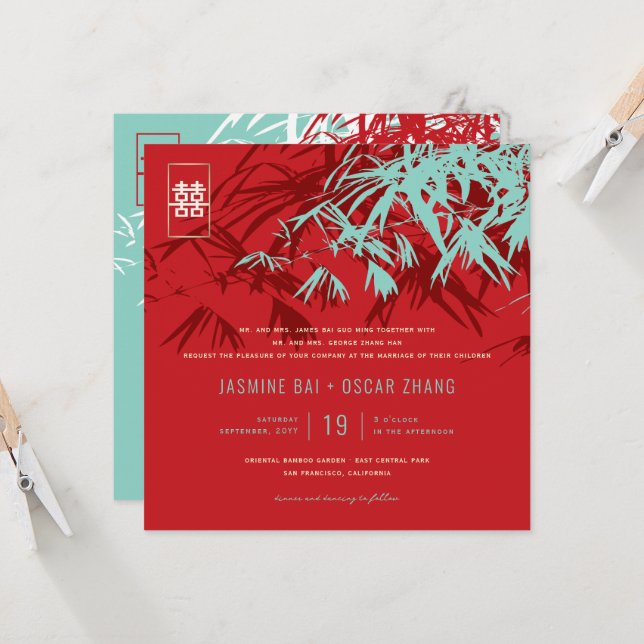 Invitation Feuille bambou double bonheur Mariage chinois (Devant/Arrière en situation)