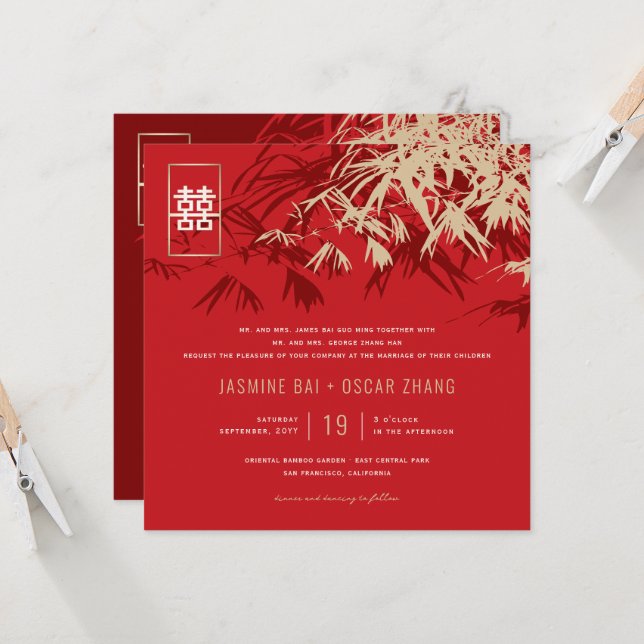 Invitation Feuille bambou double bonheur Mariage chinois (Devant/Arrière en situation)