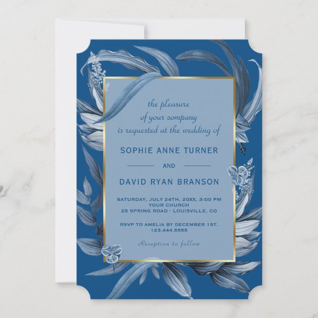 Invitation Feuille bleu moderne Mariage d'or géométrique  (Devant)
