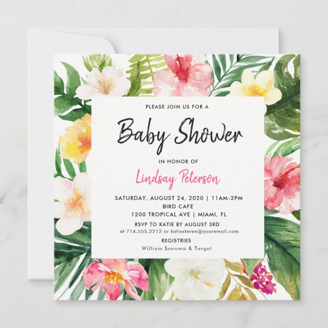 Invitation Feuille Carré  de couleur d'eau tropicale Baby sho (Devant)