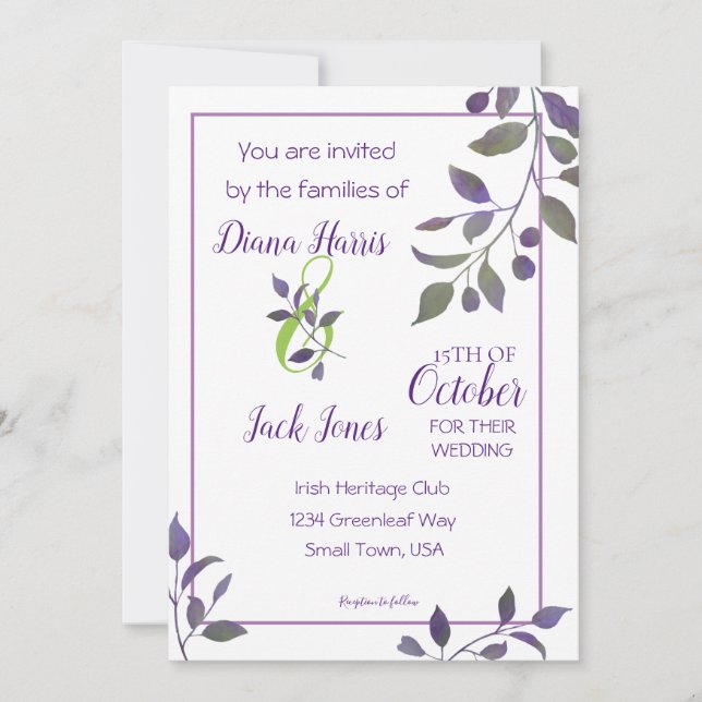 Invitation Feuille d'aquarelle violette Mariage (Devant)