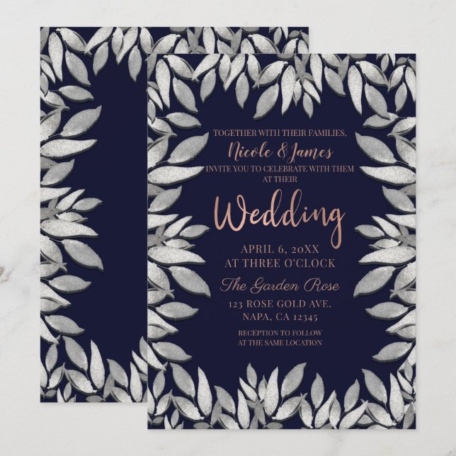 Invitation Feuille d'argent Botanique Glam bleu rose Mariage (Devant / Derrière)