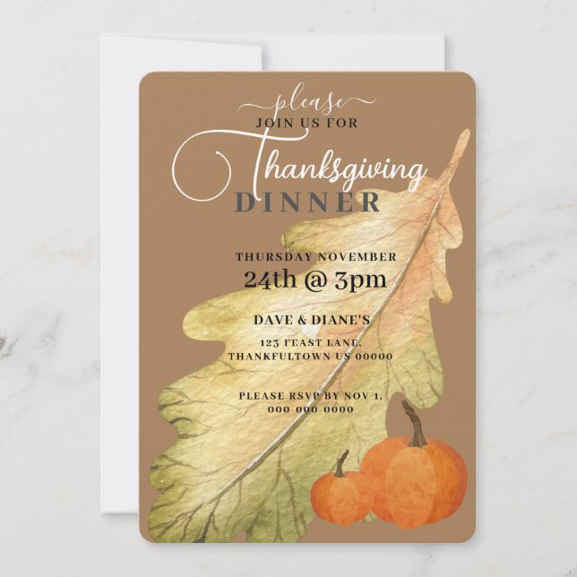Invitation Feuille de chêne et Citrouille sur Tan Thanksgivin (Devant)