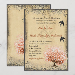 Invitation Feuille de coeur Léger Corail Arbre Vintage Oiseau