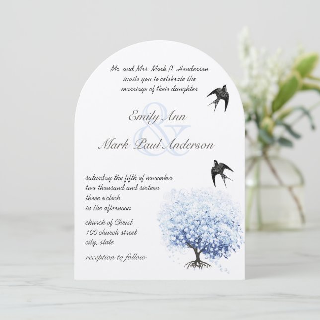 Invitation Feuille de coeur Poudre Douce Bleu Arbre Oiseau Vi (Debout devant)