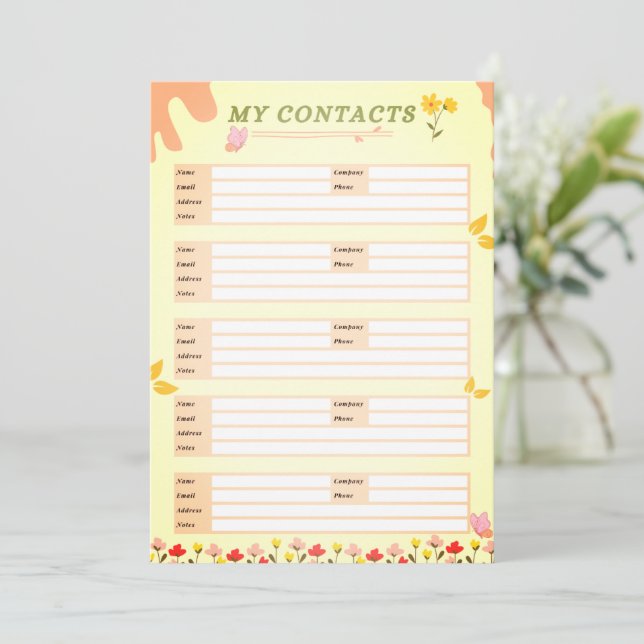 Invitation Feuille de contacts Pale Yellow Floral (Debout devant)