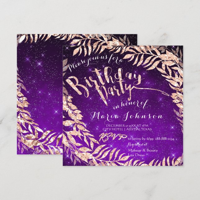 Invitation Feuille de fête d'anniversaire couronne violet éto (Devant / Derrière)