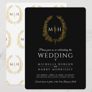 Invitation Feuille de ligne ovale mariage or noir et blanc